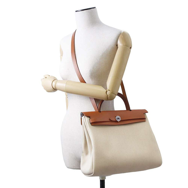HERMES Herbag zip Beige/Natural Sable Toile Military Vache Hunter Leather Size PM