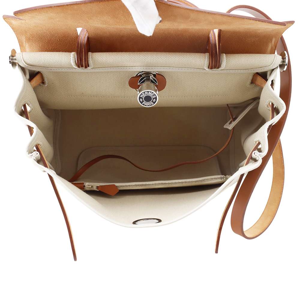 HERMES Herbag zip Beige/Natural Sable Toile Military Vache Hunter Leather Size PM