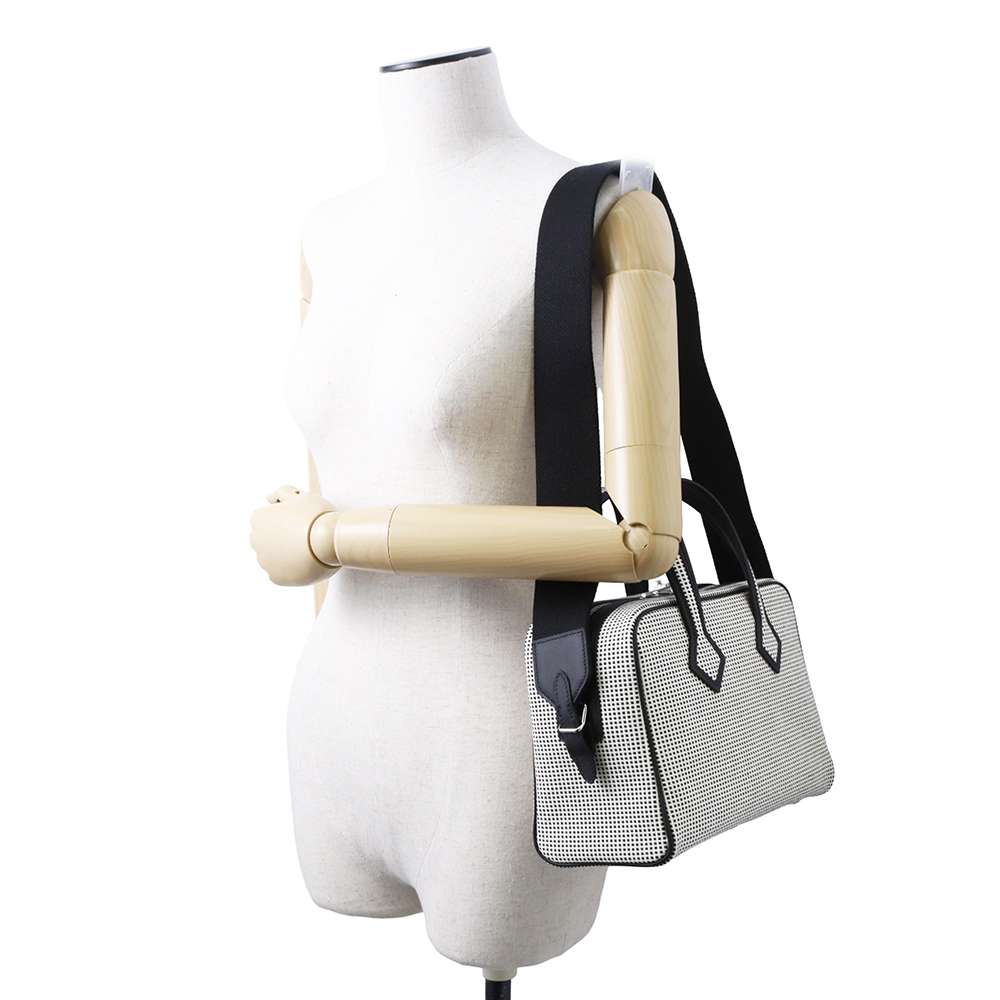 HERMES Victoria Ⅲ  Fool Toe Black/Ecru Toile Cadrille Swift Leather Size Mini