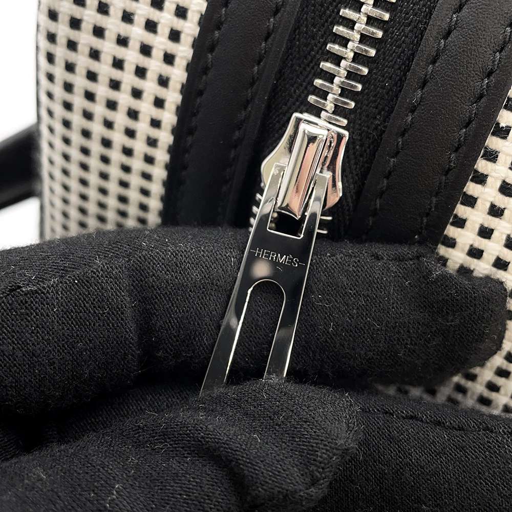 HERMES Victoria Ⅲ  Fool Toe Black/Ecru Toile Cadrille Swift Leather Size Mini