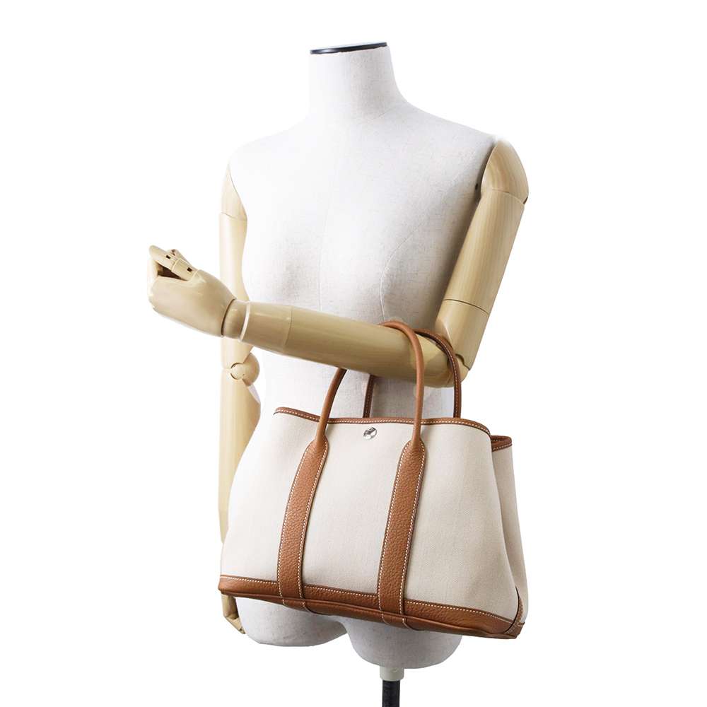 HERMES Garden Party Gold/Ecru Toile Chevrons Negonda Leather Size TPM