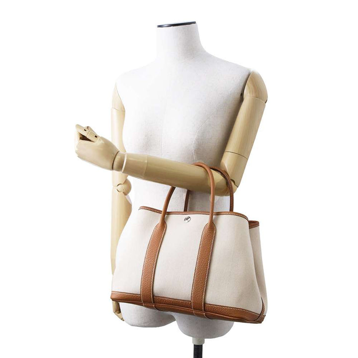 HERMES Garden Party Gold/Ecru Toile Chevrons Negonda Leather Size TPM