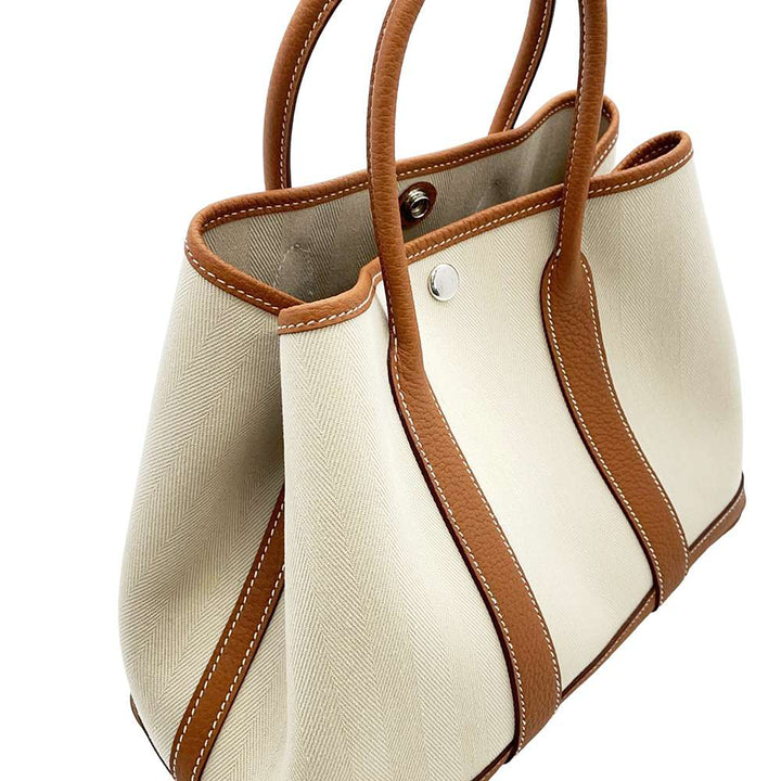 HERMES Garden Party Gold/Ecru Toile Chevrons Negonda Leather Size TPM