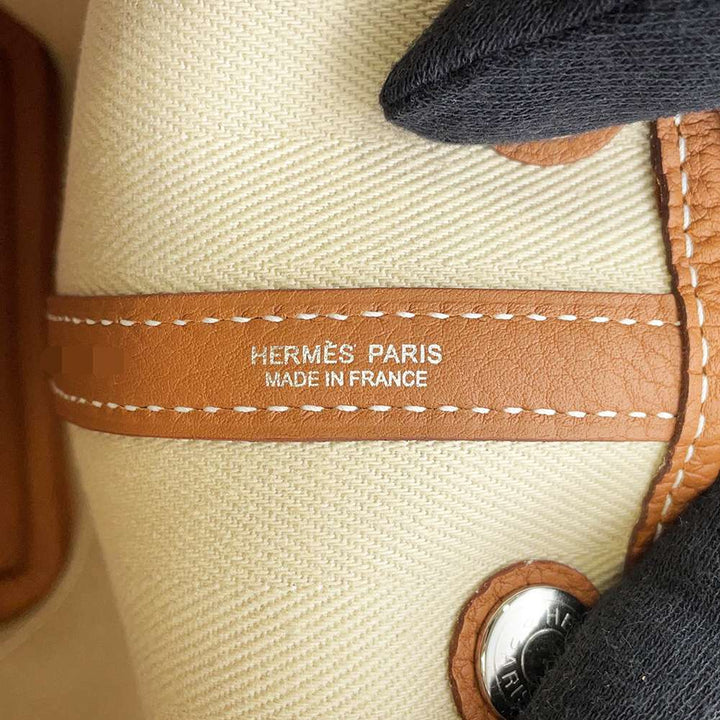HERMES Garden Party Gold/Ecru Toile Chevrons Negonda Leather Size TPM