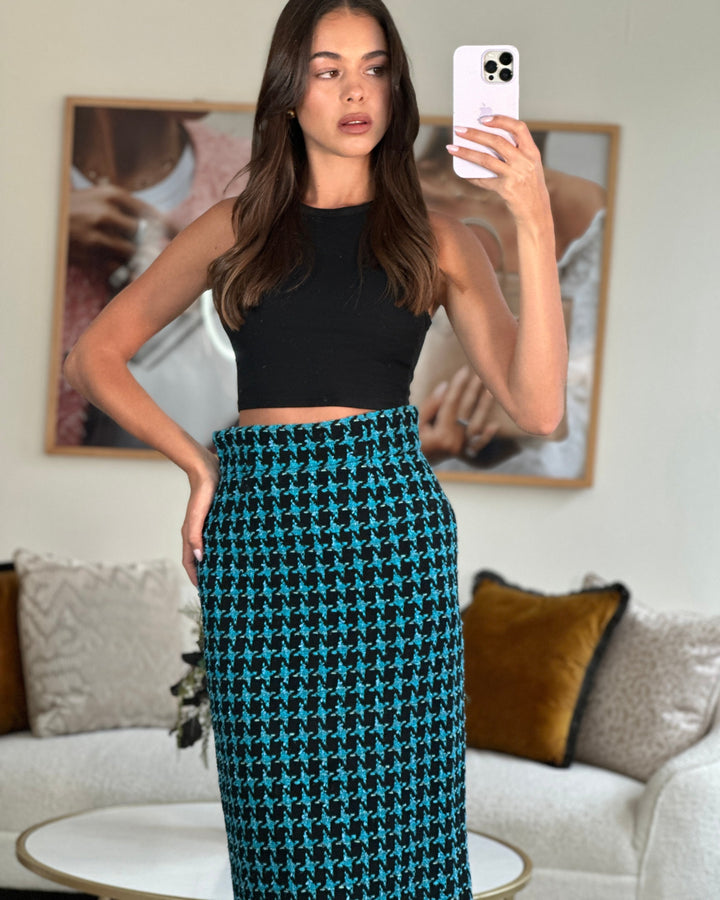 Top Quality Chanel 07/A Turquoise Houndstooth Pencil Skirt Size FR 36 (UK 8)