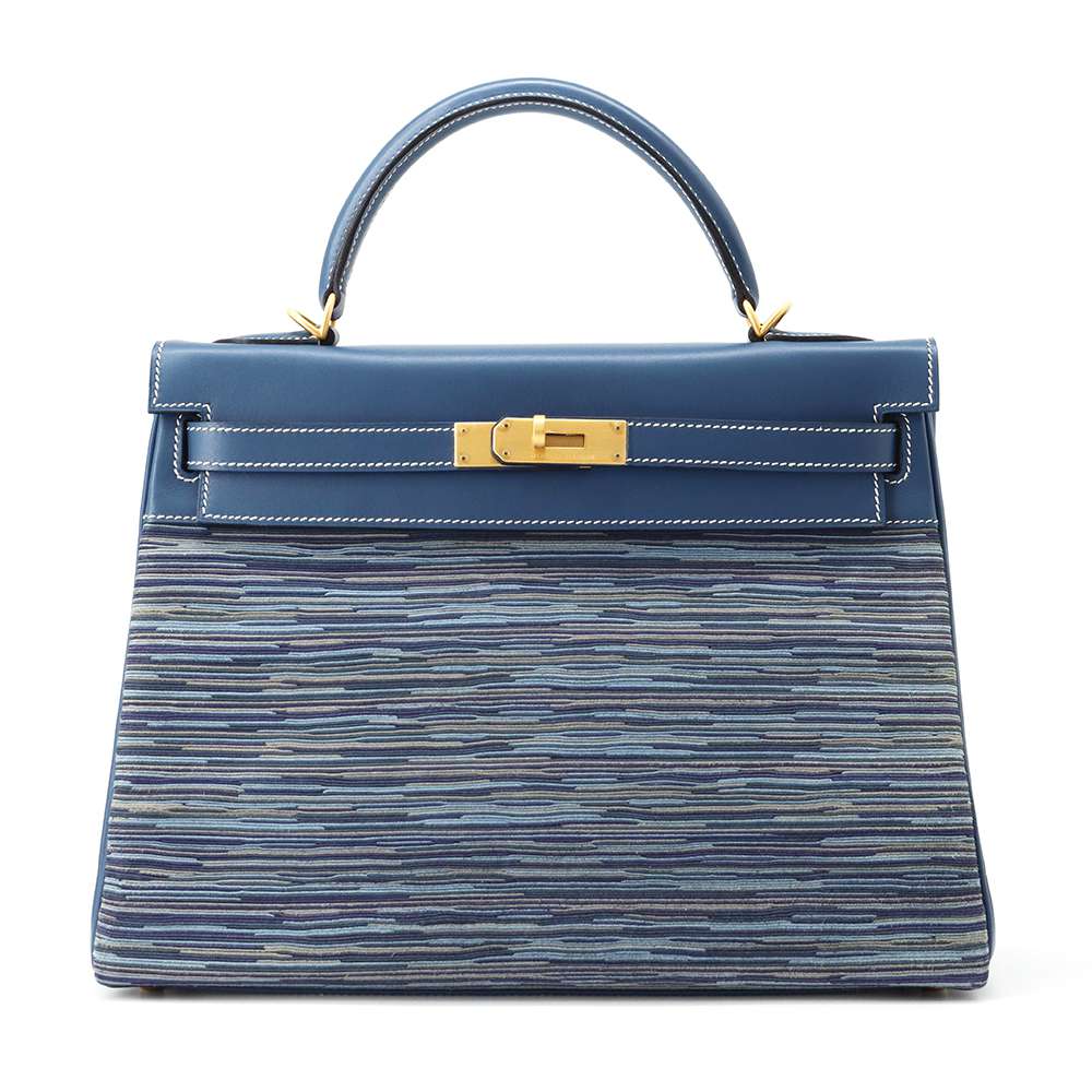Hermes Kelly Retourne Blue Thalassa Box Calf Leather Vibrato Size 32