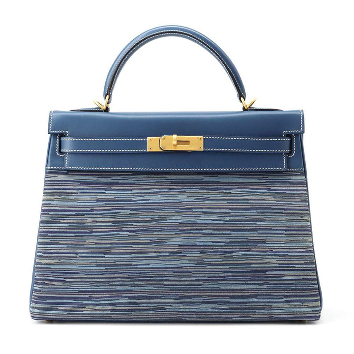 Hermes Kelly Retourne Blue Thalassa Box Calf Leather Vibrato Size 32