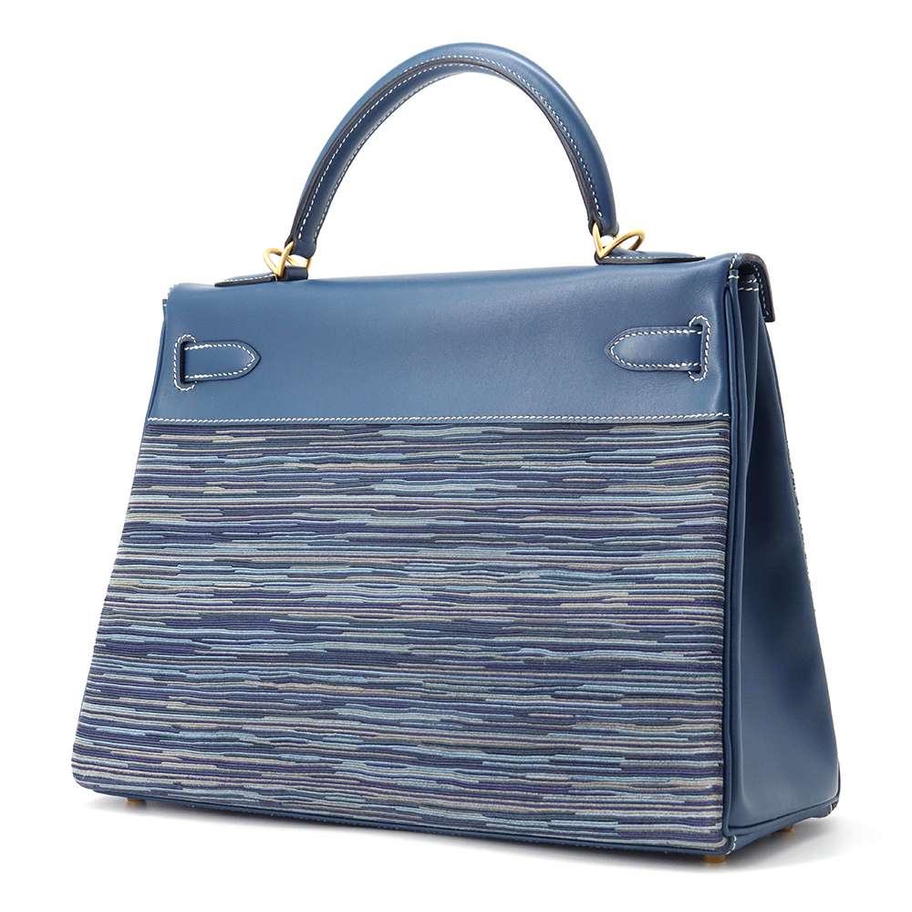 Hermes Kelly Retourne Blue Thalassa Box Calf Leather Vibrato Size 32