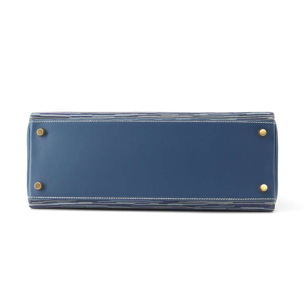 Hermes Kelly Retourne Blue Thalassa Box Calf Leather Vibrato Size 32