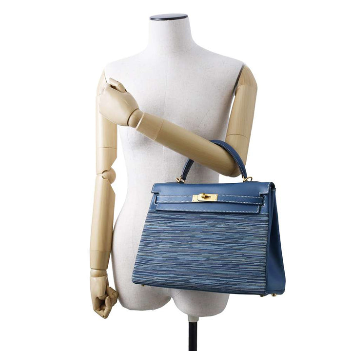 Hermes Kelly Retourne Blue Thalassa Box Calf Leather Vibrato Size 32