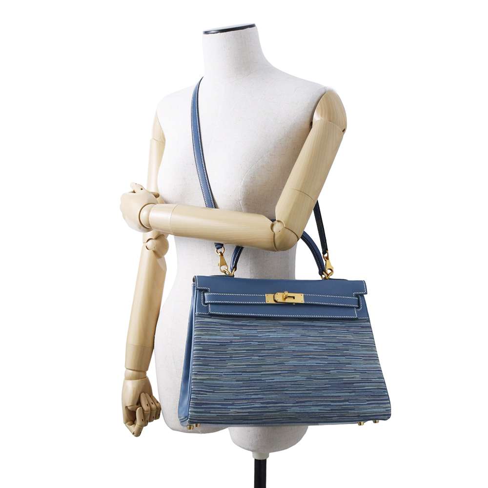 Hermes Kelly Retourne Blue Thalassa Box Calf Leather Vibrato Size 32