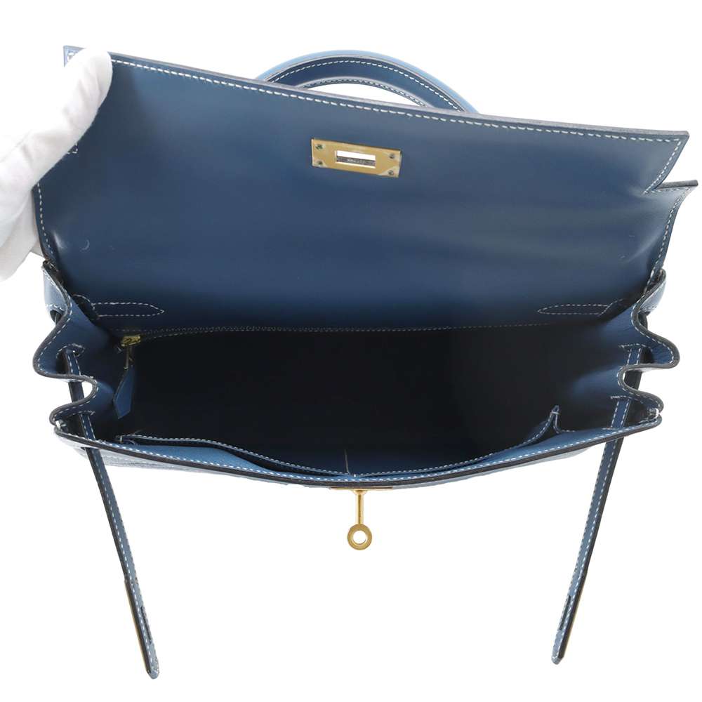 Hermes Kelly Retourne Blue Thalassa Box Calf Leather Vibrato Size 32