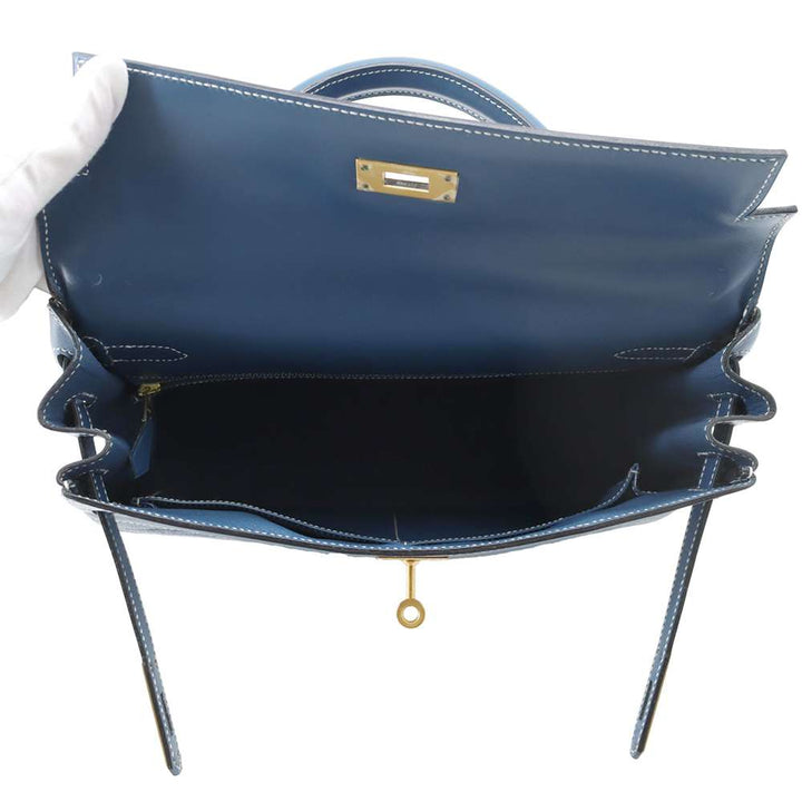 Hermes Kelly Retourne Blue Thalassa Box Calf Leather Vibrato Size 32