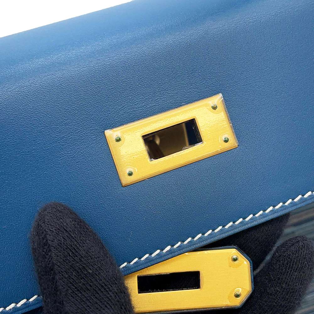 Hermes Kelly Retourne Blue Thalassa Box Calf Leather Vibrato Size 32