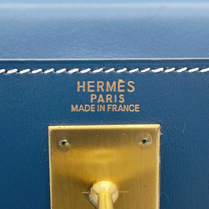 Hermes Kelly Retourne Blue Thalassa Box Calf Leather Vibrato Size 32