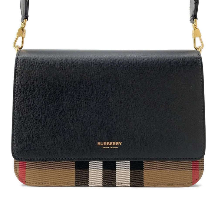 BURBERRY Check Flap Shoulder Bag Black/Beige Leather