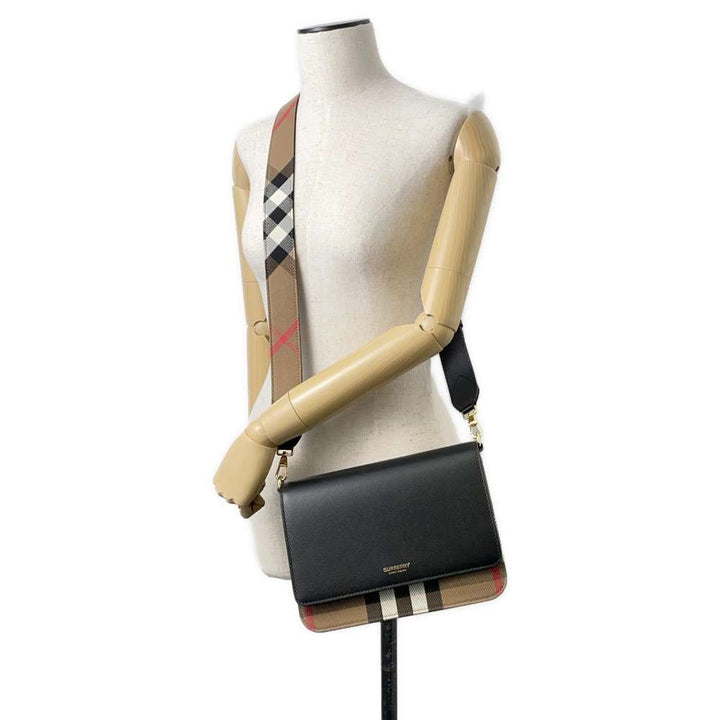 BURBERRY Check Flap Shoulder Bag Black/Beige Leather