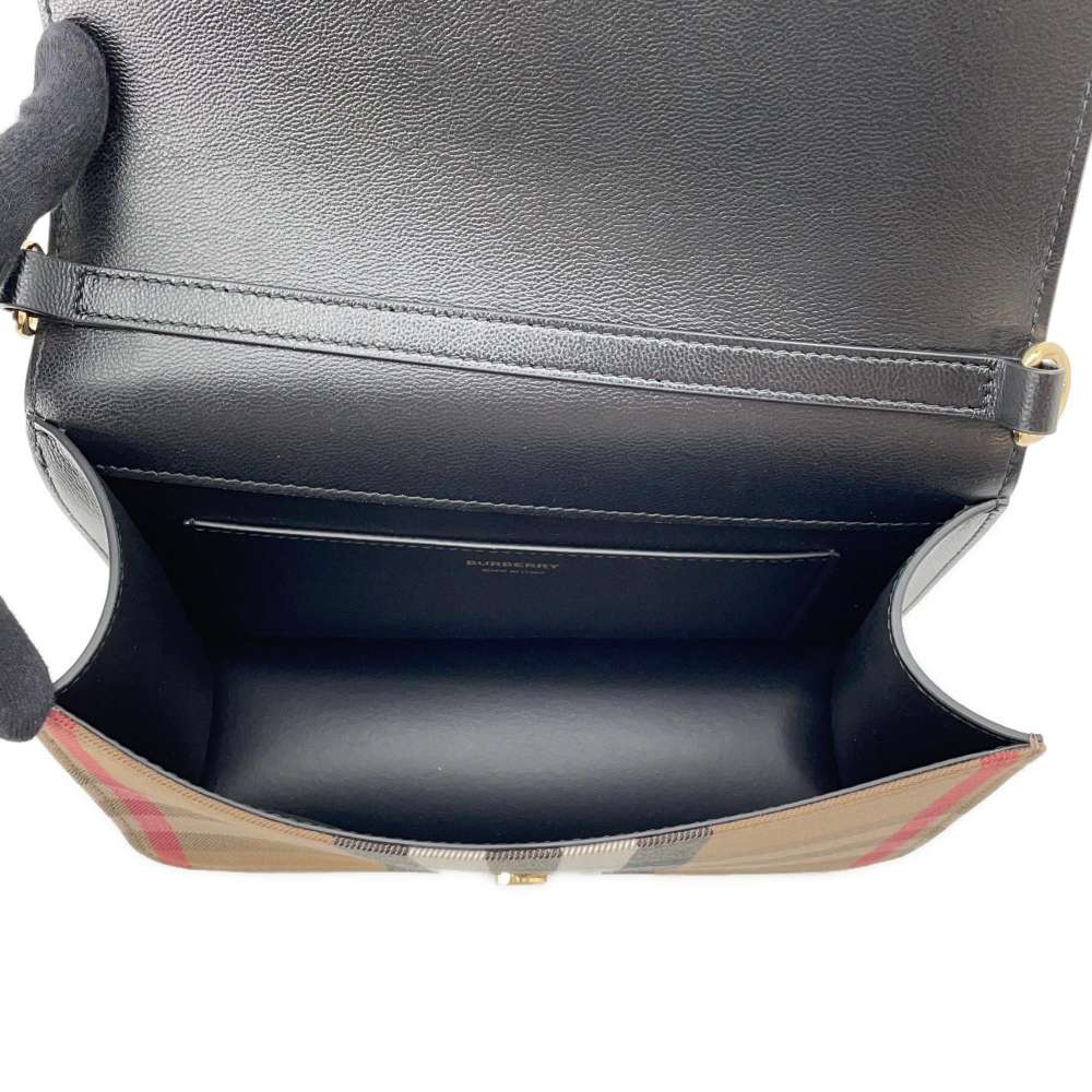 BURBERRY Check Flap Shoulder Bag Black/Beige Leather
