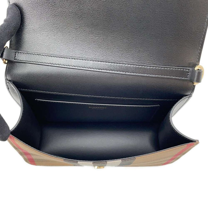 BURBERRY Check Flap Shoulder Bag Black/Beige Leather