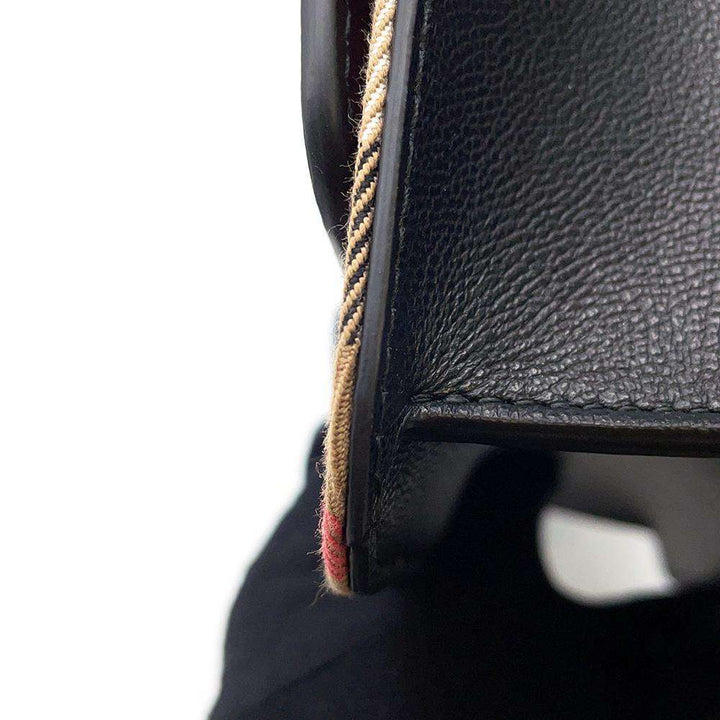 BURBERRY Check Flap Shoulder Bag Black/Beige Leather