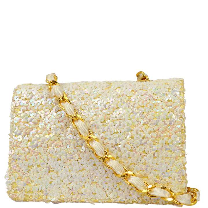 Top Quality Chanel * White Sequin Straight Flap Shoulder Bag Micro