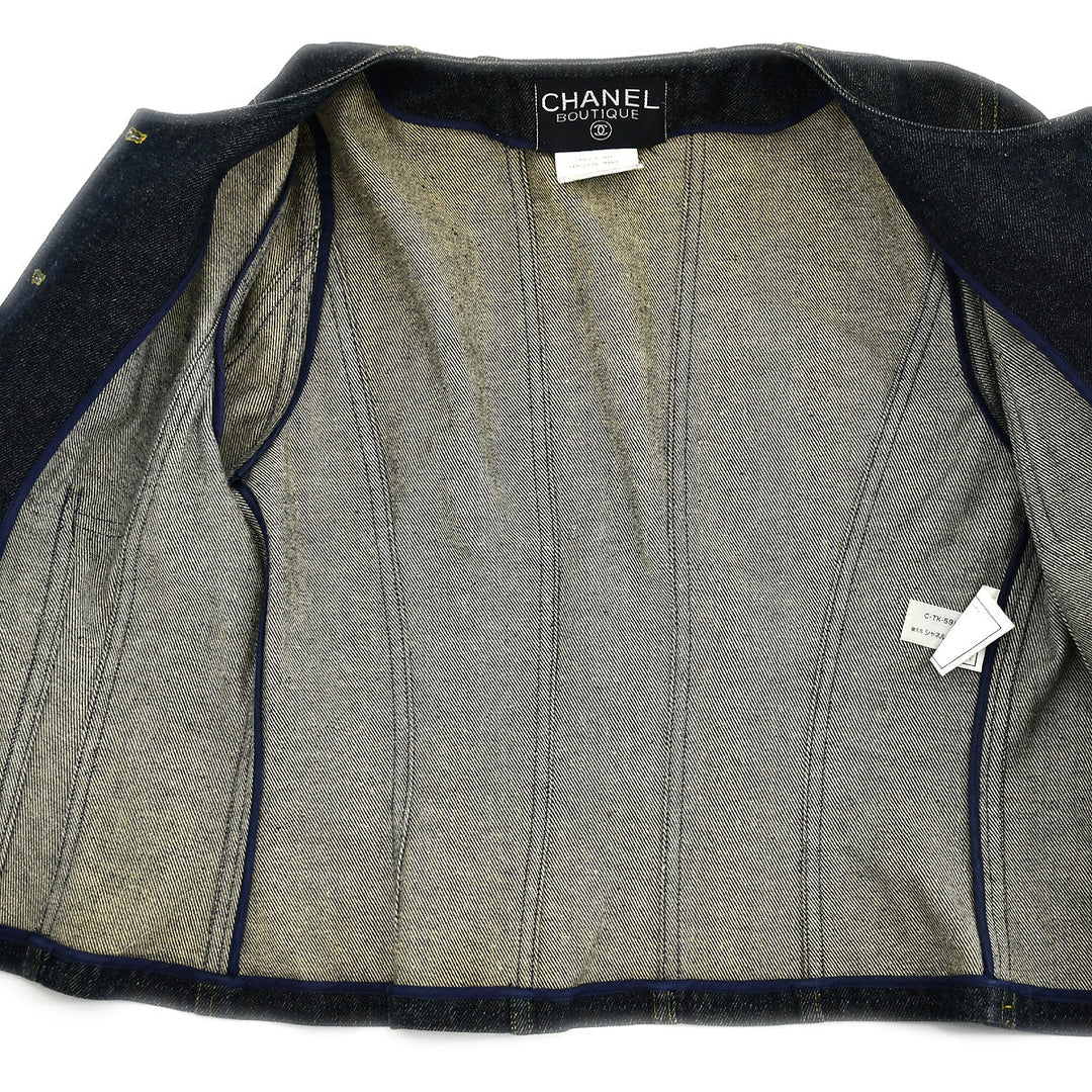 Top Quality Chanel Spring 1996 Setup Suit Collarless Jacket Skirt Denim Indigo #38