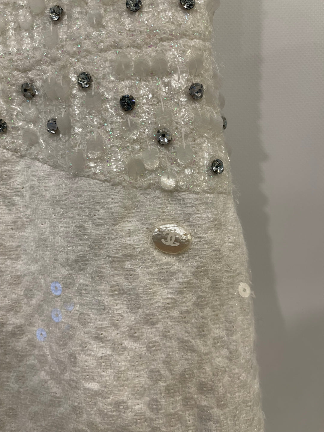 Top Quality Chanel Pearl White Sleeveless Sequin and Crystal Embellished Mini Dress with Pearl CC Logo Detail Size FR 36 (UK 8)