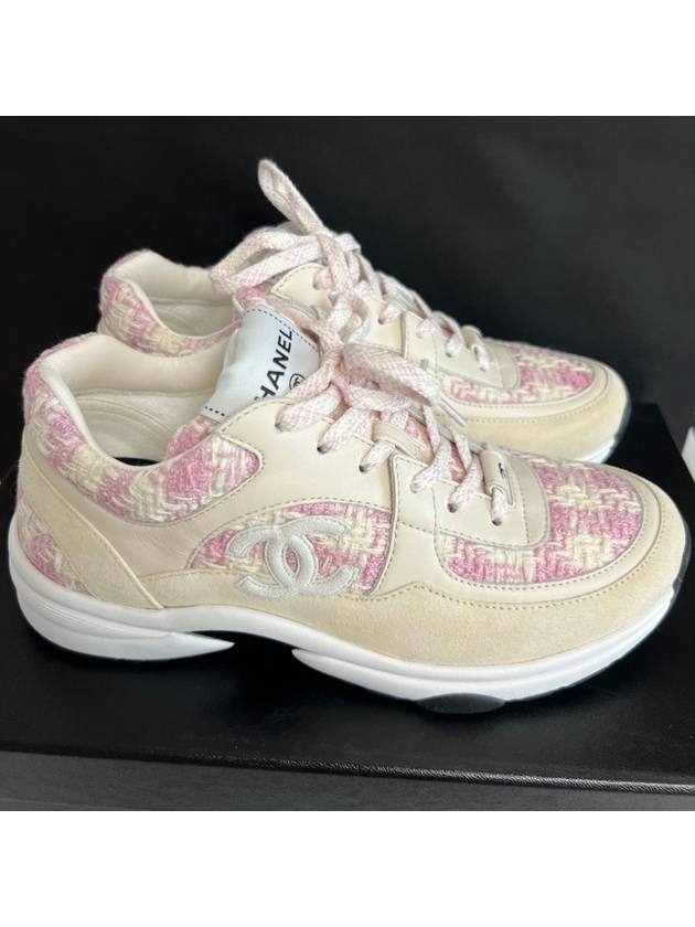 CC Logo Cotton Tweed Suede Calfskin Low Top Sneakers Pink Ecru Chanel