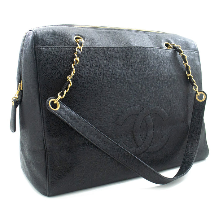 Chanel Caviar Big Large Chain Shoulder Bag Black Leather Gold Zip
