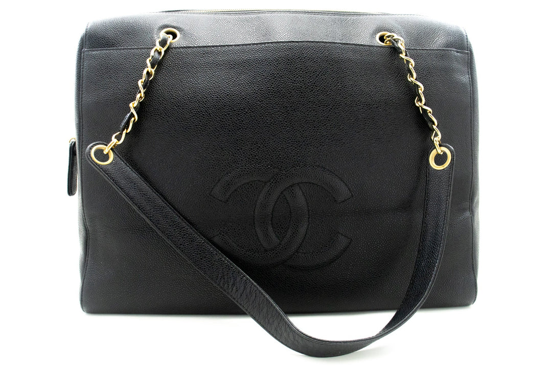 Chanel Caviar Big Large Chain Shoulder Bag Black Leather Gold Zip