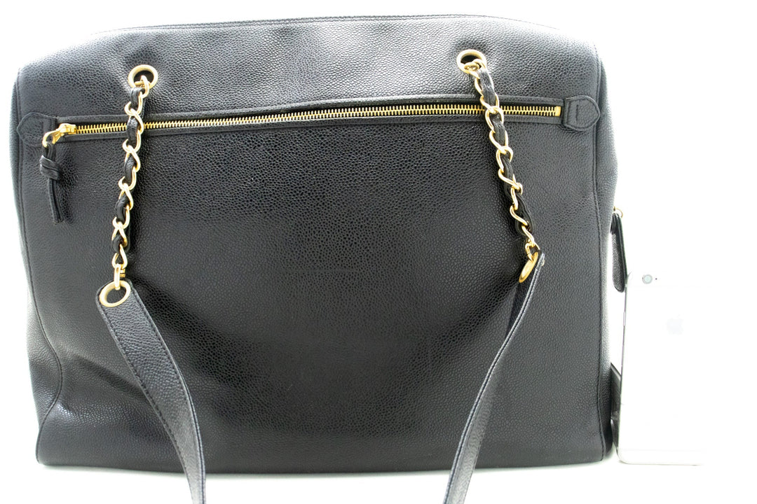 Chanel Caviar Big Large Chain Shoulder Bag Black Leather Gold Zip