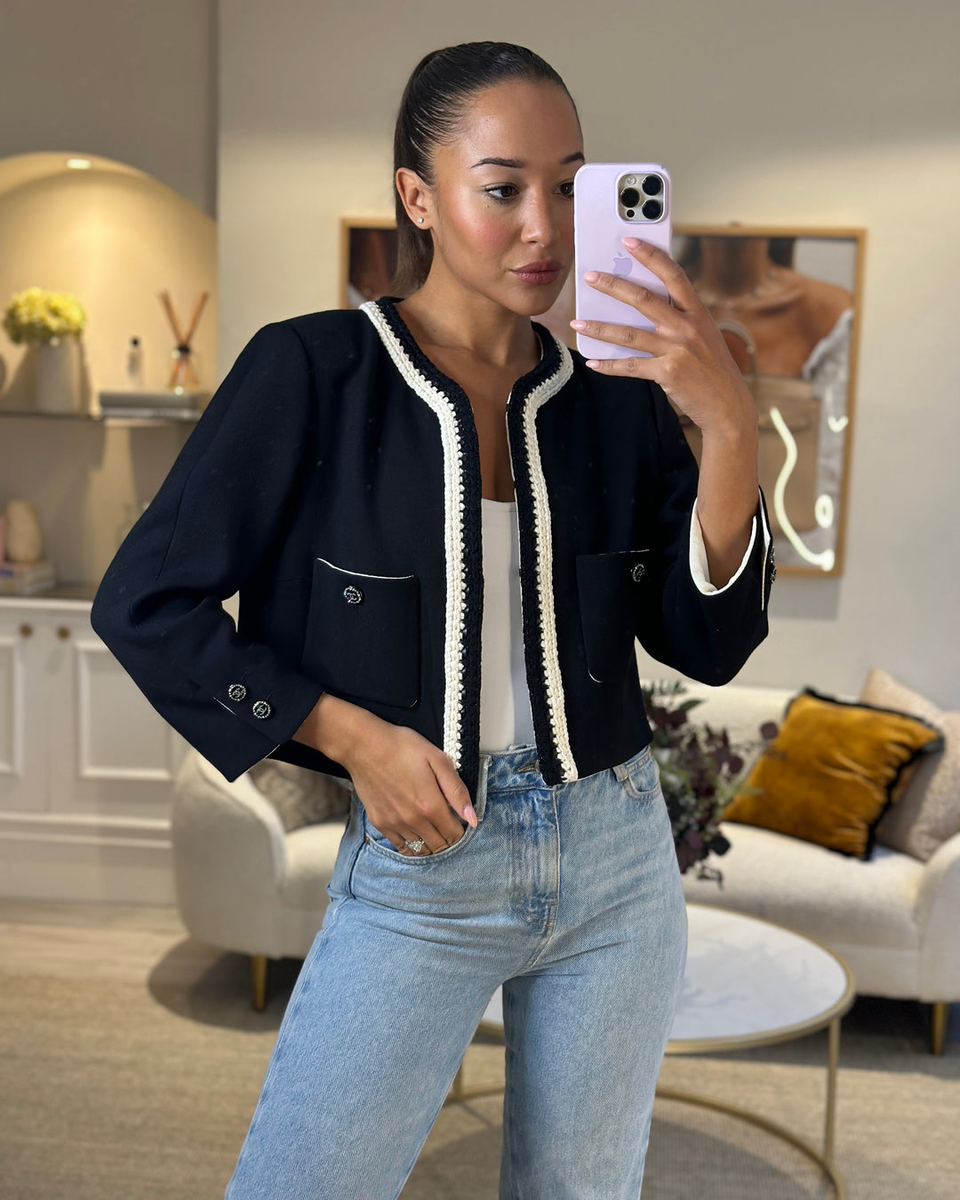 *SUPER HOT* Top Quality Chanel 22C Black, White Metallic Tweed Trim Silk Jacket and Wide-Leg Trouser Set with Crystal CC Logo Detail Size FR 42-44 (UK 14-16) Jacket RRP ¬£5,420
