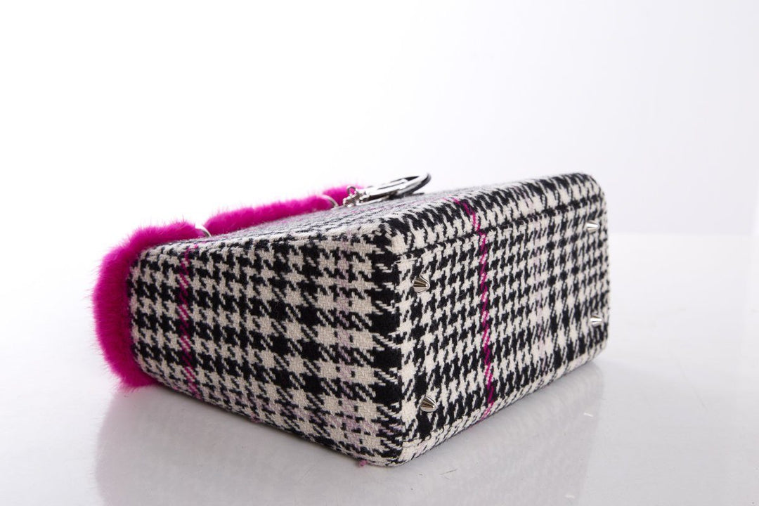 Christian Top quality Dior Black & White Wool Houndstooth Mink Trim Crocodile Handle Bag