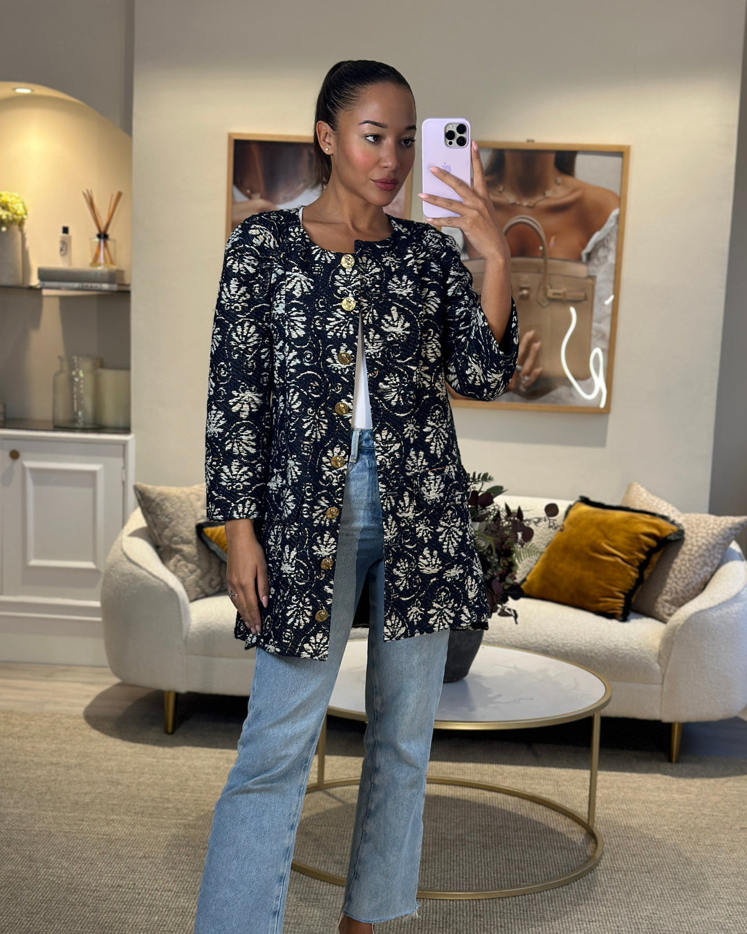 *HOT* Top Quality Chanel 18C Navy Tweed Jacket with White Floral Embroideries and Crystal Bronze Buttons FR 42 (UK 14) RRP ¬£4800