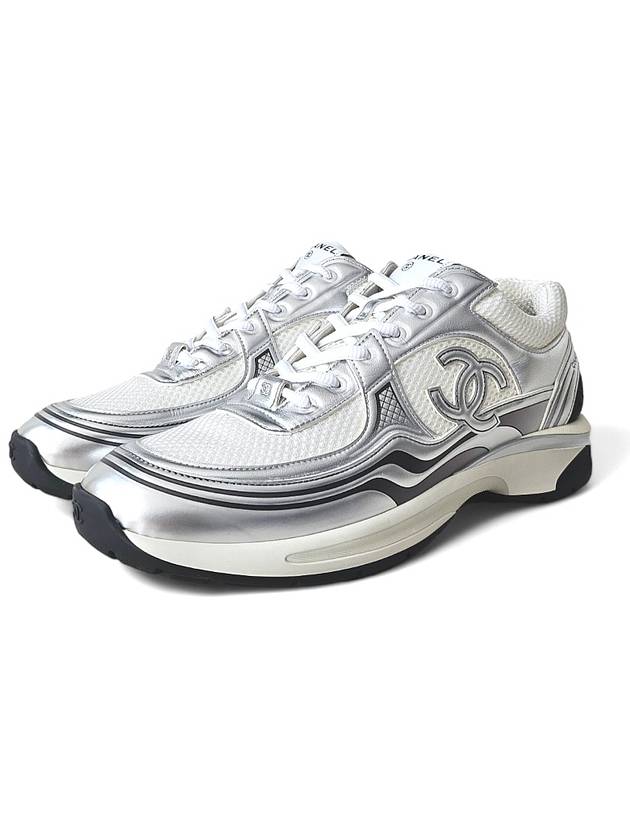 Fabric Laminated Low Top Sneakers Silver Chanel
