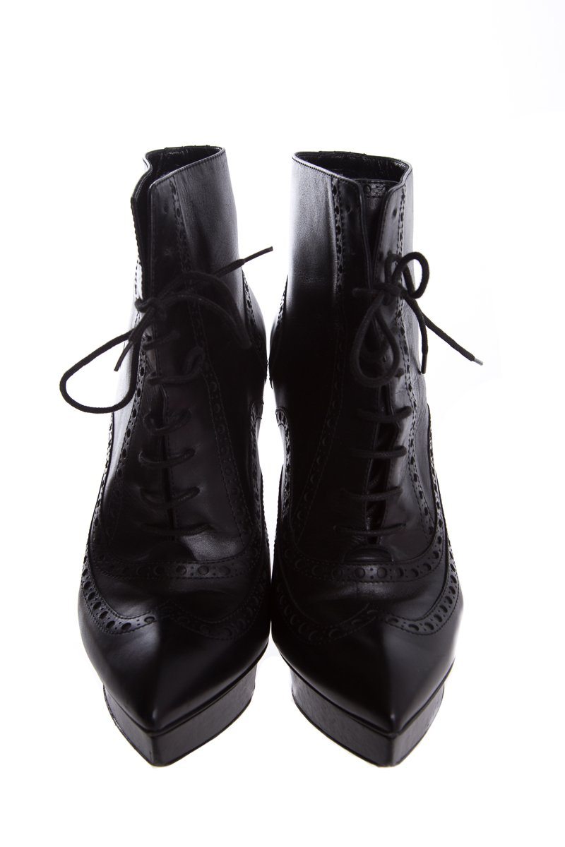 Yves Saint Laurent Black Leather Lace-Up Pointed-Toe Boots SZ 39