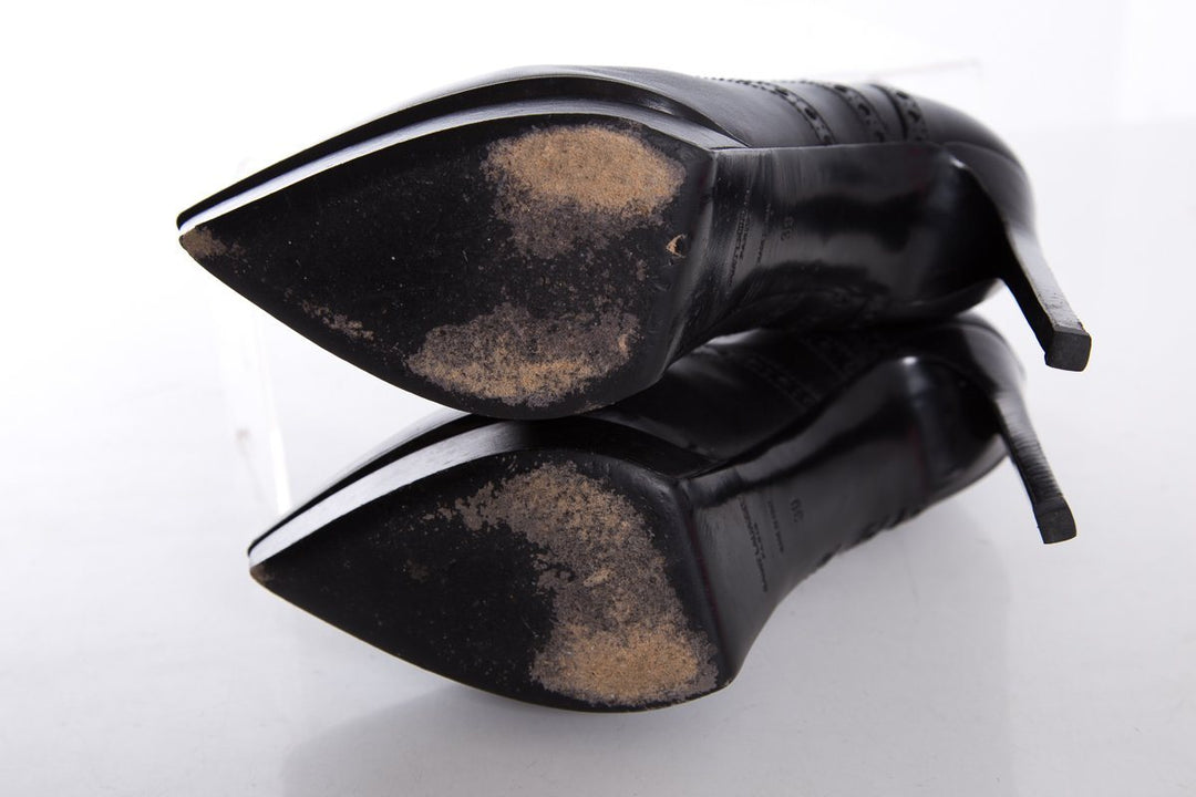 Yves Saint Laurent Black Leather Lace-Up Pointed-Toe Boots SZ 39