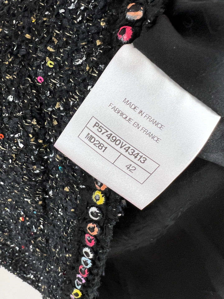 Top Quality Chanel  Fall 2017 Black Tweed Jacket with Multicoloured Sequin Details Size FR 42 (UK 14)