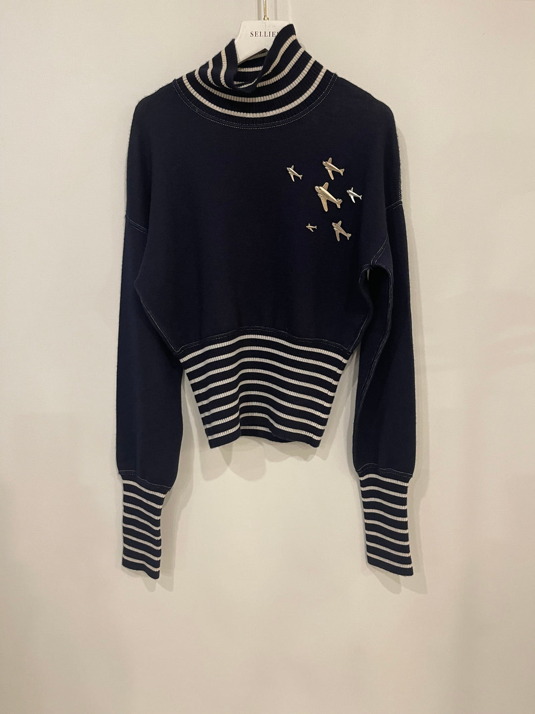 *HOT* Top Quality Chanel Airline Collection Navy Cashmere Jumper and Mini Skirt Set with Silver Logo Airplane Appliqu√©s Size FR 38 (UK 10)