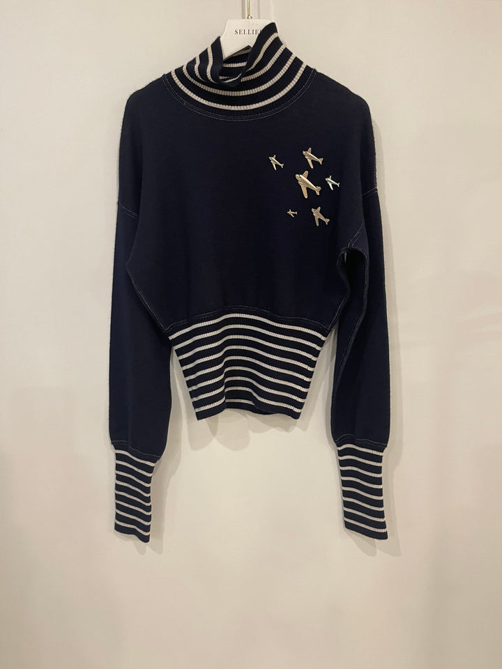 *HOT* Chanel Airline Collection Navy Cashmere Jumper and Mini Skirt Set with Silver Logo Airplane Appliqu√©s Size FR 38 (UK 10)