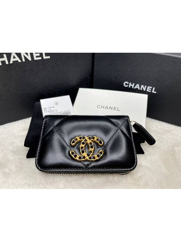 19 CC Logo Zip Around Lambskin Card Wallet Black Chanel