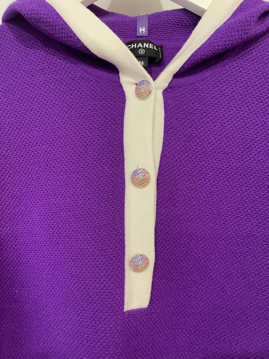 Top Quality Chanel Cruise 2024 Purple Cashmere Short Sleeve Hooded Mini Dress with Crystal Multicolour CC Buttons Detail Size FR 36 (UK 8)