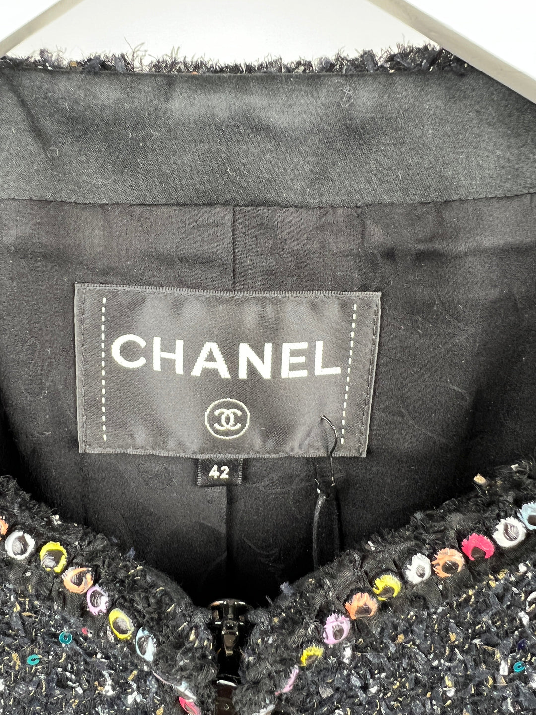 Top Quality Chanel  Fall 2017 Black Tweed Jacket with Multicoloured Sequin Details Size FR 42 (UK 14)