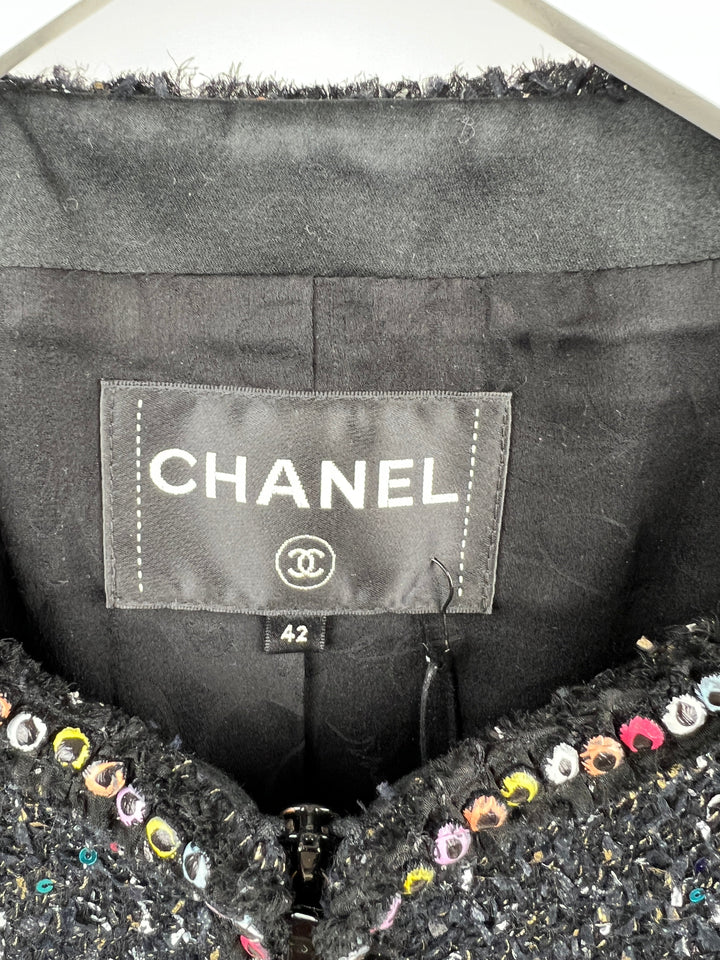 Top Quality Chanel  Fall 2017 Black Tweed Jacket with Multicoloured Sequin Details Size FR 42 (UK 14)