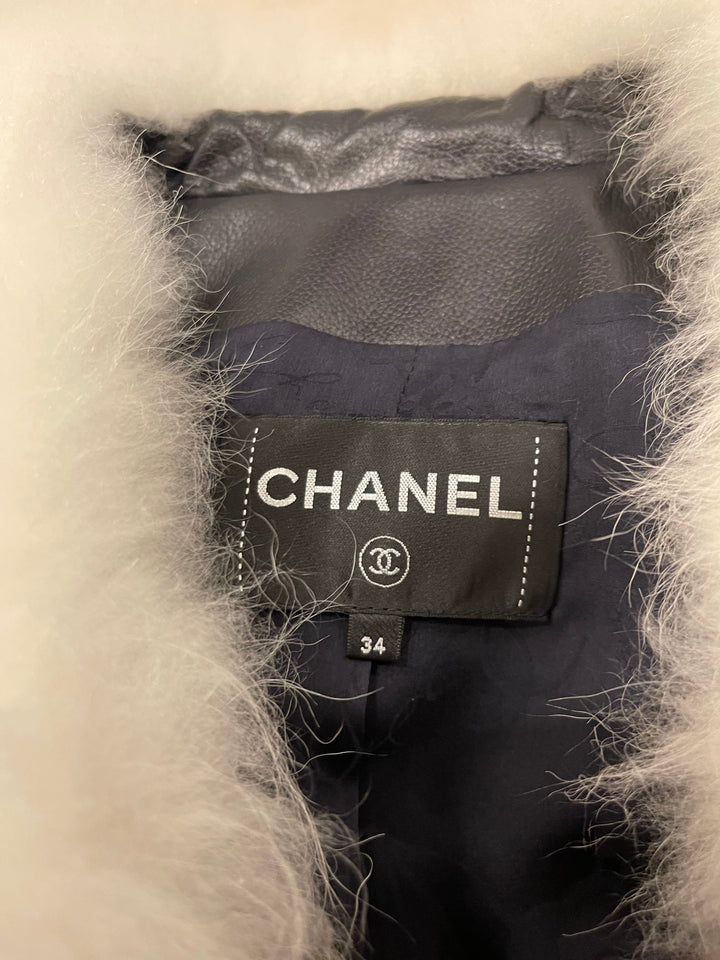 Top Quality Chanel Black Leather Asymmetric Jacket with White Fur Details and Logo Buttons Detail Size FR 34 (UK 6)