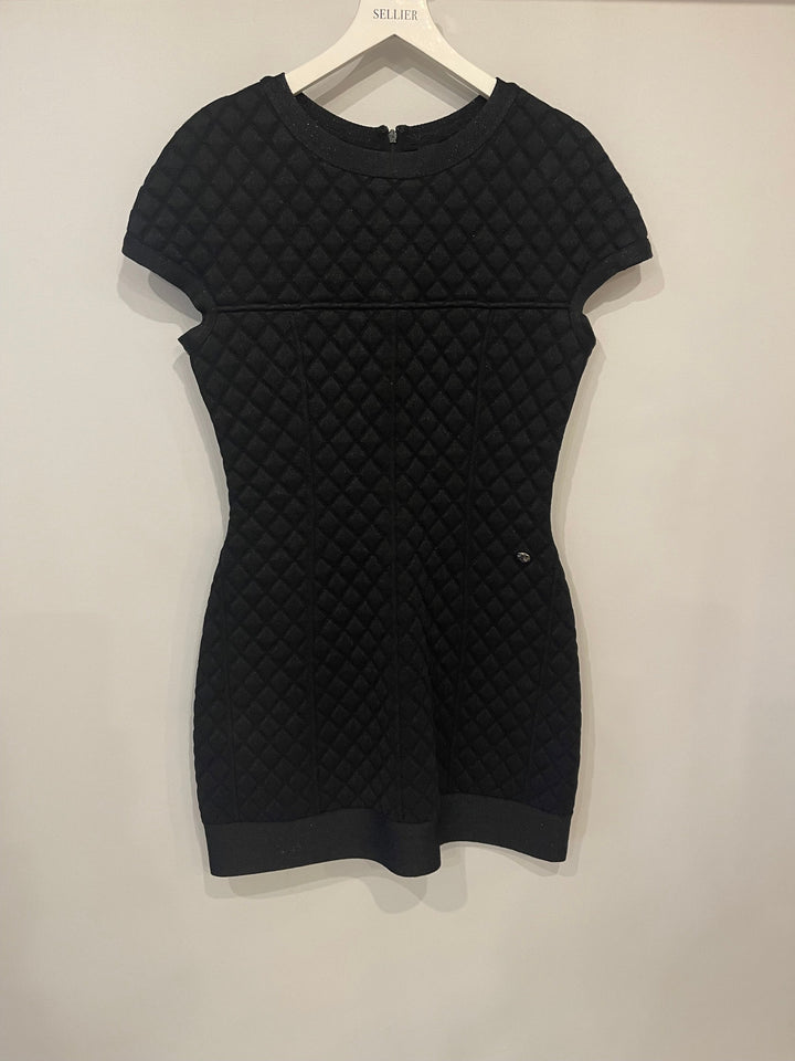Top Quality Chanel Black Padded Shimmery Short Sleeve Bodycon Mini Dress with CC Logo Detail Size FR 40 (UK 12)