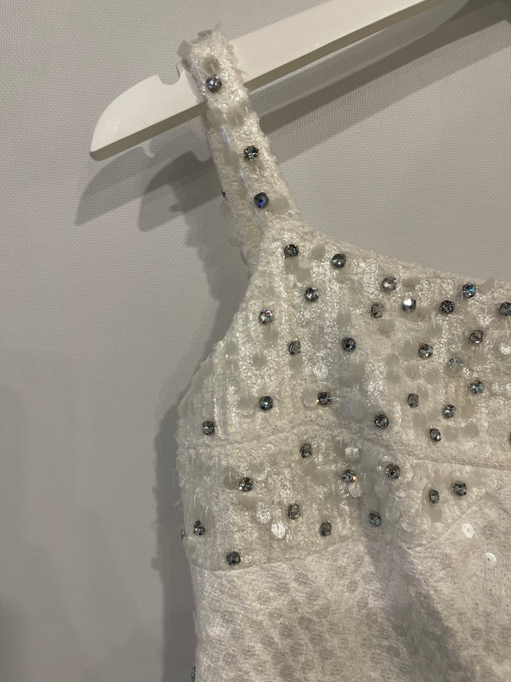 Top Quality Chanel Pearl White Sleeveless Sequin and Crystal Embellished Mini Dress with Pearl CC Logo Detail Size FR 36 (UK 8)
