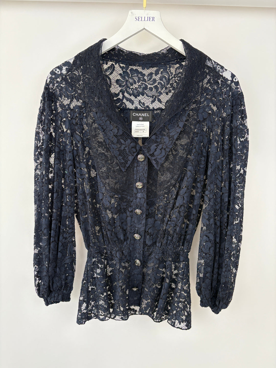 Top Quality Chanel Navy Lace Long Sleeve Shirt with Ruthenium Buttons Detail Size FR 36 (UK 8)