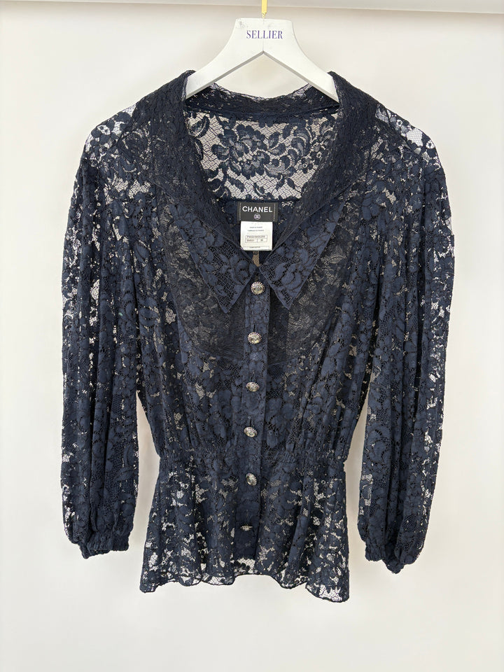 Top Quality Chanel Navy Lace Long Sleeve Shirt with Ruthenium Buttons Detail Size FR 36 (UK 8)