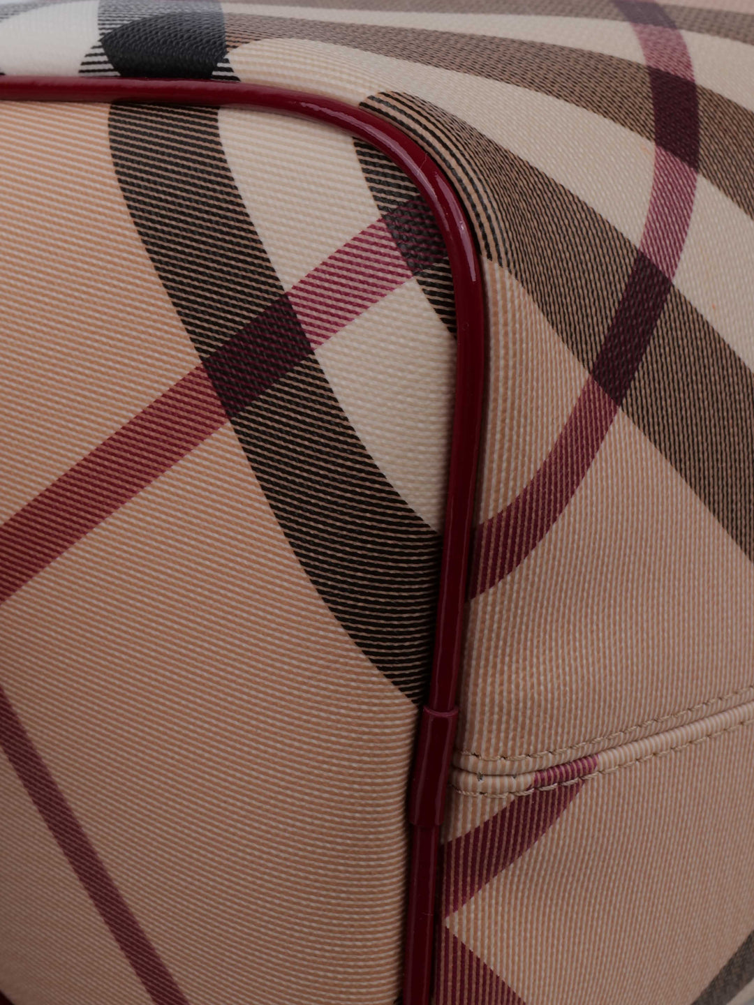 Burberry Haymarket Boston Bag with Dark Red Patent Trim.